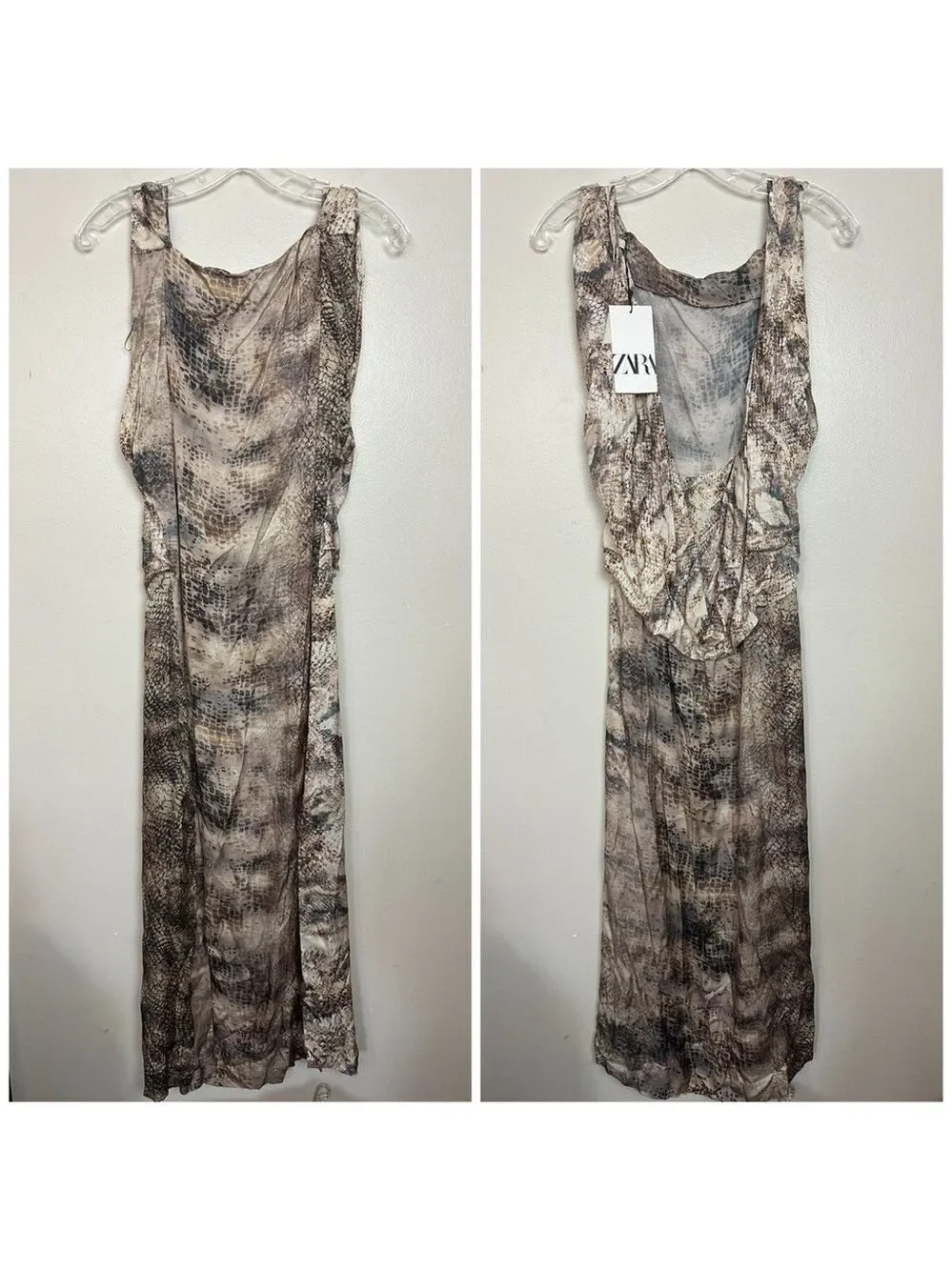 Zara Sleeveless Snake Print Satin Draped Low Back Midi Summer Dress - Picture 11 of 15